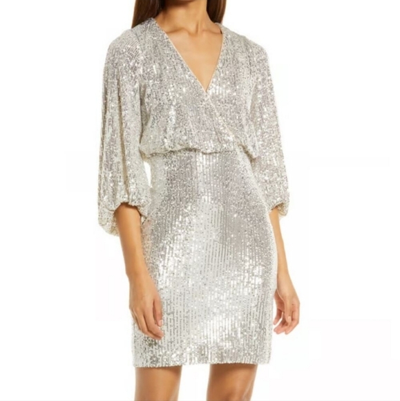 NWT Eliza J Sequin V-neck Mod Sleeve Mini Dress - Picture 1 of 8